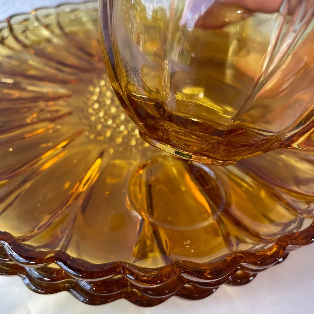 Vintage Hazel Atlas Glass AMBER Yellow Gold Sun Petal Snack Set 3 Plates 3 Cups